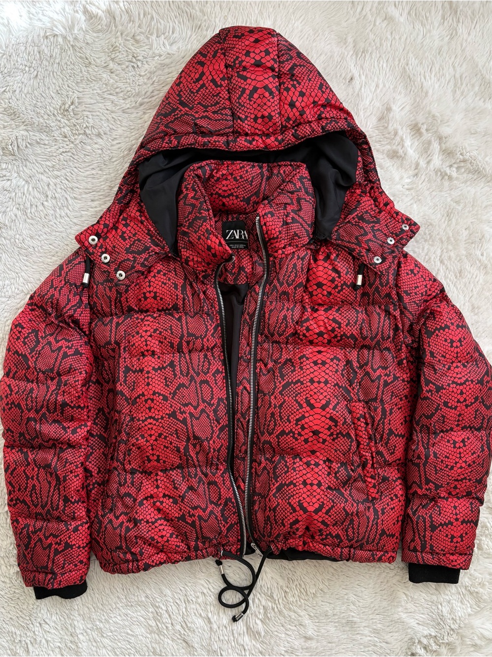 Zara Red and Black Snake-Print Puffer Jacket with Hood